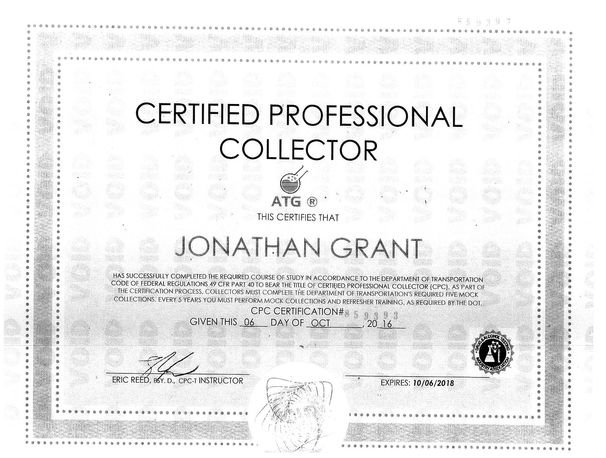 Johnathan Grant | Certified Professional Collector | Bradley Screening