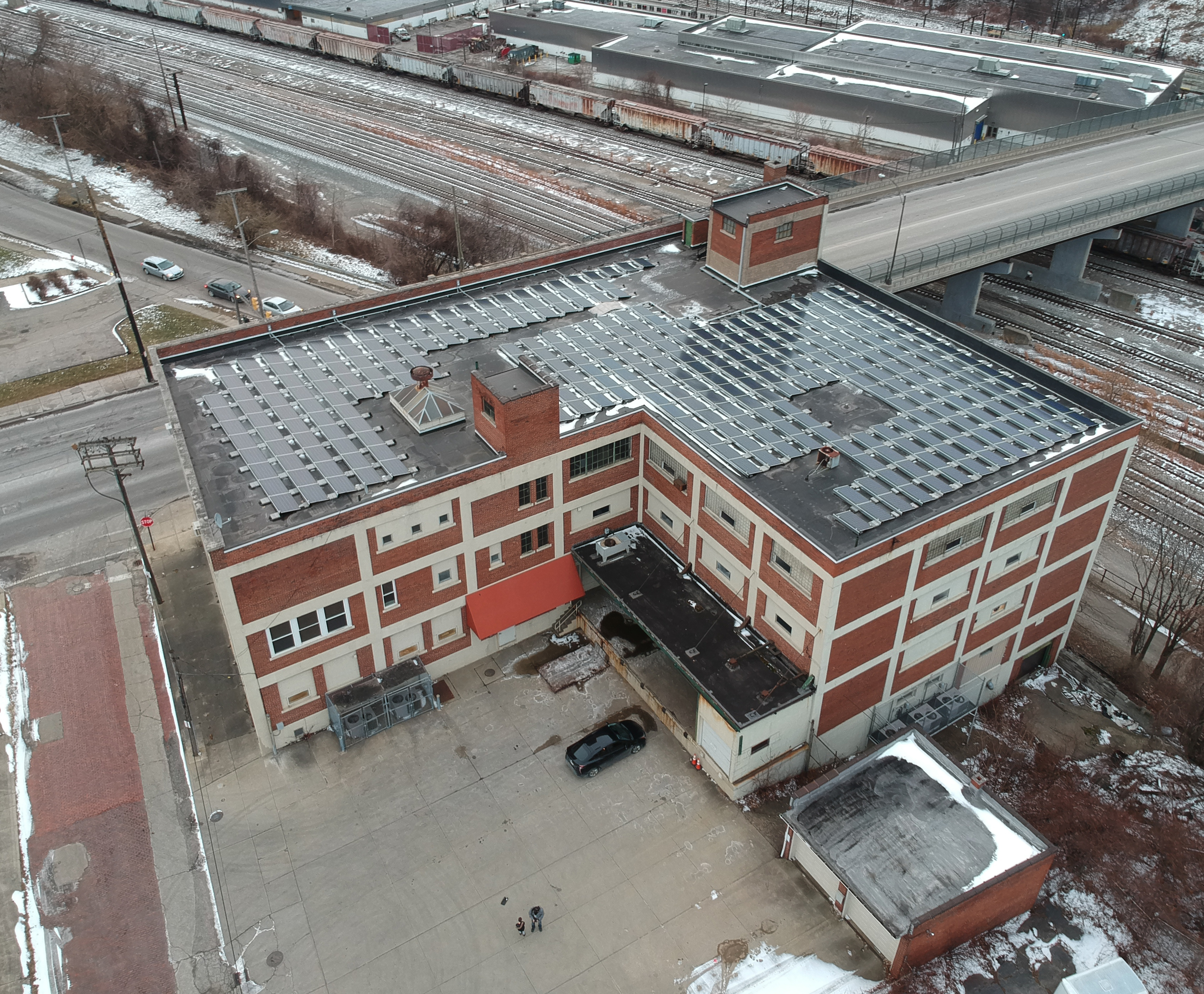 An areal view of Foote Printing with solar panels | Cleveland, OH