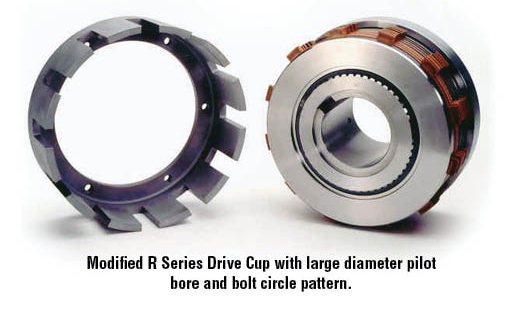 Modified R Series Drive Cup with large diameter pilot bore and bolt circle pattern.