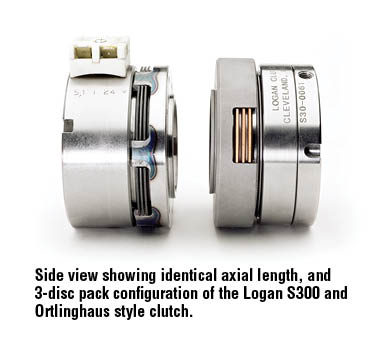 Side view showing identical axial length, and 3-disc pack configuration of the Logan S300 and Ortlinghaus style clutch.