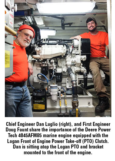 Chief Engineer Dan Luglio (right), and First Engineer Doug Faunt share the importance of the Deere Power Tech 4045AFM85 marine engine equipped with the Logan Front of Engine Power Take-off (PTO) Clutch. Dan is sitting atop the Logan PTO and bracket mounted to the front of the engine.