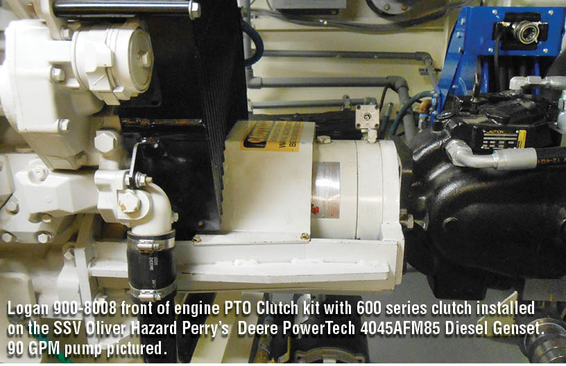 Logan 900-8008 front of engine PTO Clutch kit with 600 series clutch installed on the SSV Oliver Hazard Perry 19s Deere PowerTech 4045AFM85 Diesel Genset. 90 GPM pump pictured.