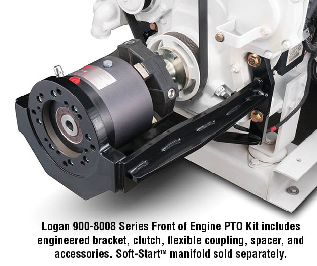 Logan 900-8008 Series Front of Engine PTO Kit includes engineered bracket, clutch, flexible coupling, spacer, and accessories. Soft-StartTM manifold sold separately.