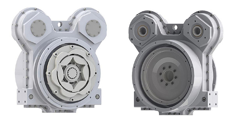 FlexaDrive 2 position pump drive (on the left) - Input Side and Output Side on the right side