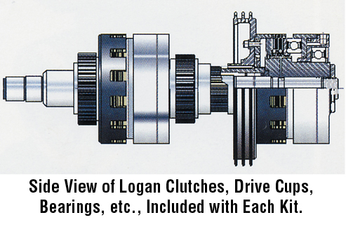 Side view of logan clutches, drive cups, bearings, etc., included with each kit