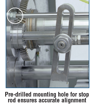 Pre-drilled mounting hole for stop rod ensures accurate alignment