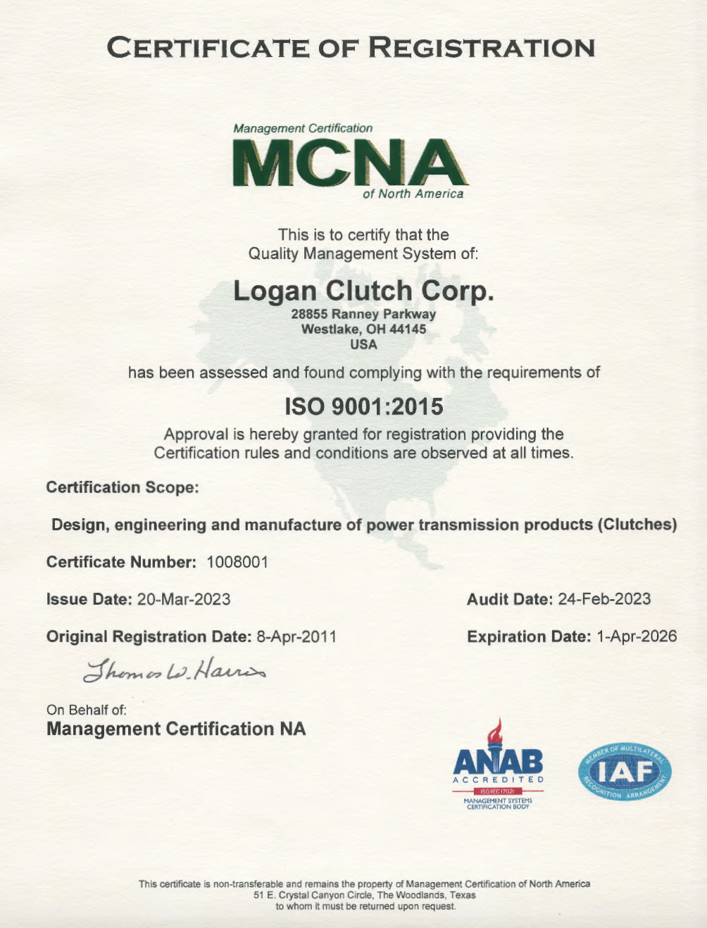 Certificate of Registration MCNA Logan Clutch