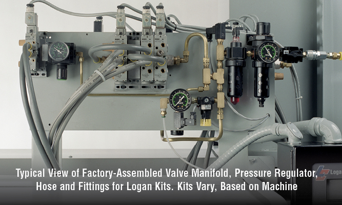 Typical View of Factory-Assembled Valve Manifold, Pressure Regulator, Hose and Fittings for Logan Kits. Kits Vary, Based on Machine