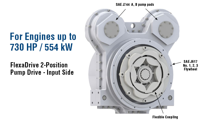 For Engines up to 730 HP / 554 kW. FlexaDrive 2-Position Pump Drive - Input Side