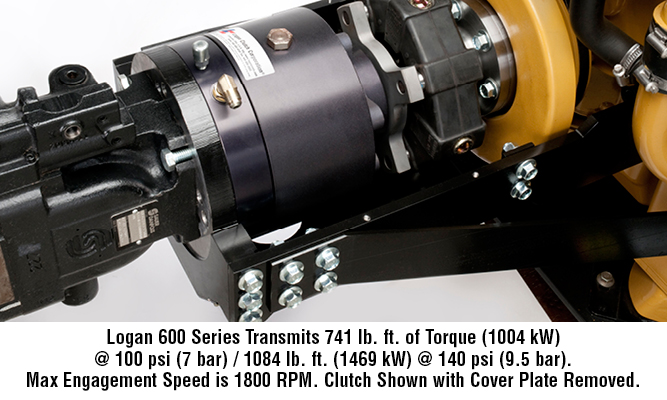 Logan 600 Series transmits 741 lb. ft. of torque (1004 kW) @ 100 psi (7 bar) / 1084 lb. ft. (1469 kW) @ 140 psi (9.5 bar). Max engagement speed is 1800 RPM. Clutch shown with cover plate removed.