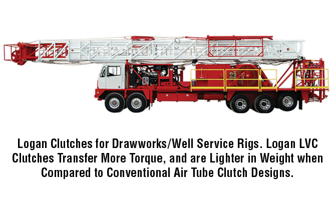 Logan Clutches for Drawworks/Well Service Rigs. Logan LVC Clutches Transfer More Torque, and are Lighter in Weight when Compared to Conventional Air Tube Clutch Designs.