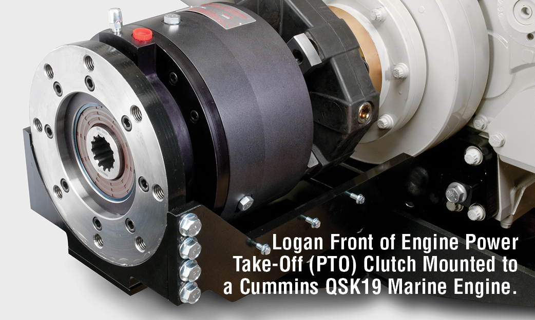 Logan Front of Engine Power Take-Off (PTO) Clutch Mounted to a Cummins QSK19 Marine Engine.