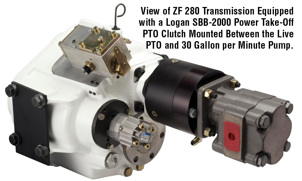 View of ZF 280 Transmission Equipped with a Logan SBB-2000 Power Take-Off PTO Clutch Mounted Between the Live PTO and 30 Gallon per Minute Pump.