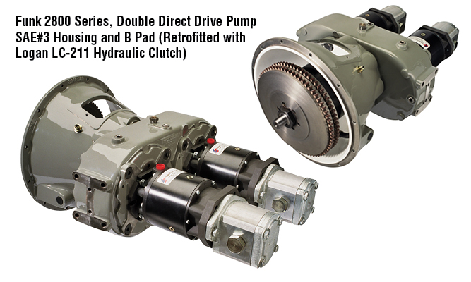 Funk 2800 Series, Double Direct Drive Pump SAE#3 Housing and B Pad (Retrofitted with Logan LC-211 Hydraulic Clutch)