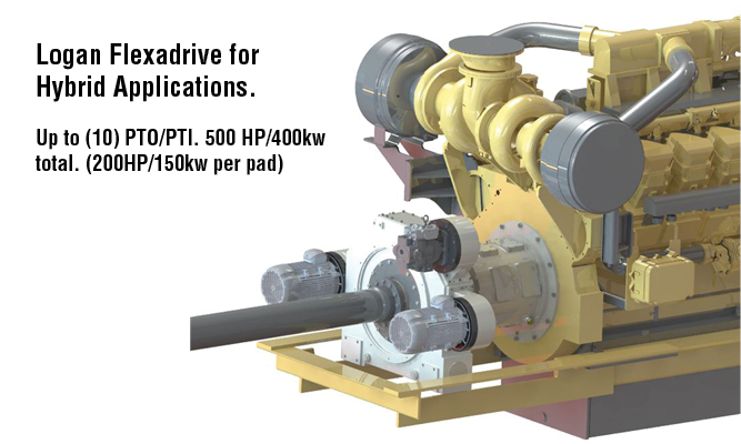 Logan Flexadrive for Hybrid Applications. Up to (10) PTO/PTI. 500 HP/400kw total. (200HP/150kw per pad)