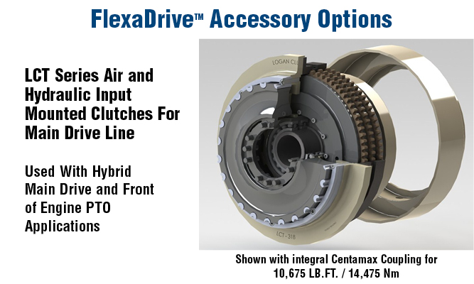 FlexaDrive Accessories. LCT Series Air and Hydraulic Input Mounted Clutches For Main Drive Line Used With Hybrid Main Drive and Front of Engine PTO Applications