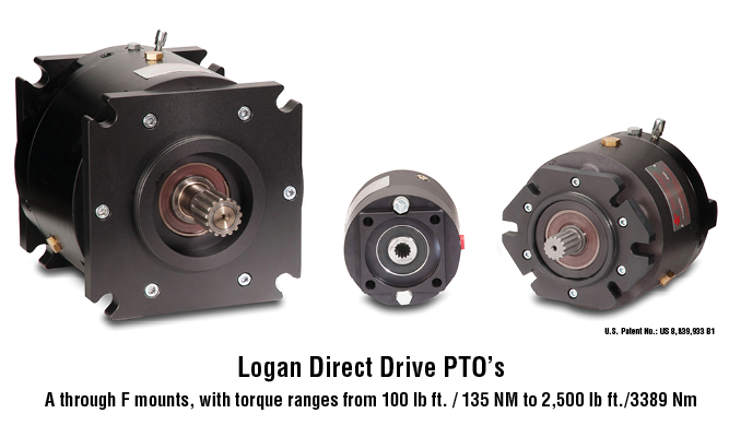 Logan Direct Drive PTO A through F mounts, with torque ranges from 100 lb ft. / 135 NM to 2,500 lb ft./3389 Nm