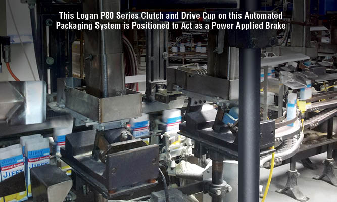 This Logan P80 Series Clutch and Drive Cup on this Automated Packaging System is Positioned to Act as a Power Applied Brake