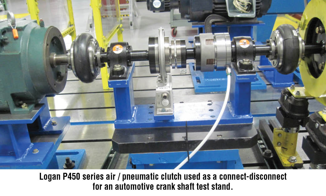 Logan P450 series air / pneumatic clutch used as a connect-disconnect for an automotive crank shaft test stand