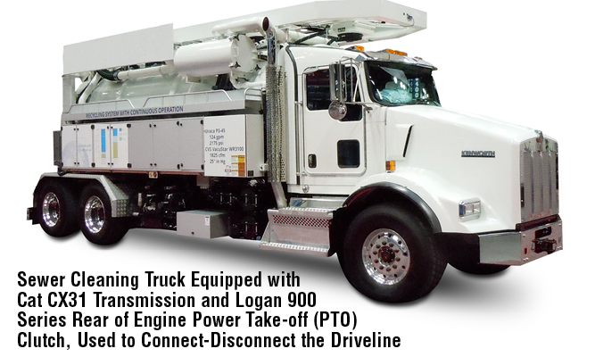 Sewer Cleaning Truck Equipped with Cat CX31 Transmission and Logan 900 Series Rear of Engine Power Take-off (PTO) Clutch, Used to Connect-Disconnect the Driveline