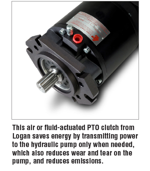 This air or fluid-actuated PTO clutch from Logan saves energy by transmitting power to the hydraulic pump only when needed, which also reduces wear and tear on the pump, and reduces emissions.