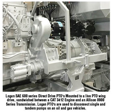 Logan SAE 600 series Direct Drive PTO's Mounted to a live PTO wing drive, sandwiched between a CAT 3412 Engine and an Allison 8900 Series Transmission. Logan PTO's are used to disconnect single and tandem pumps on an oil and gas vehicles.
