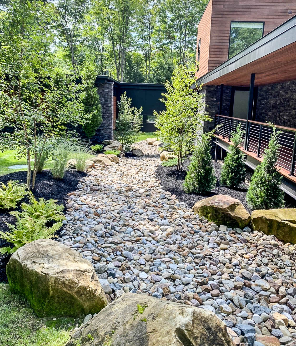 Rock landscape design in side yard