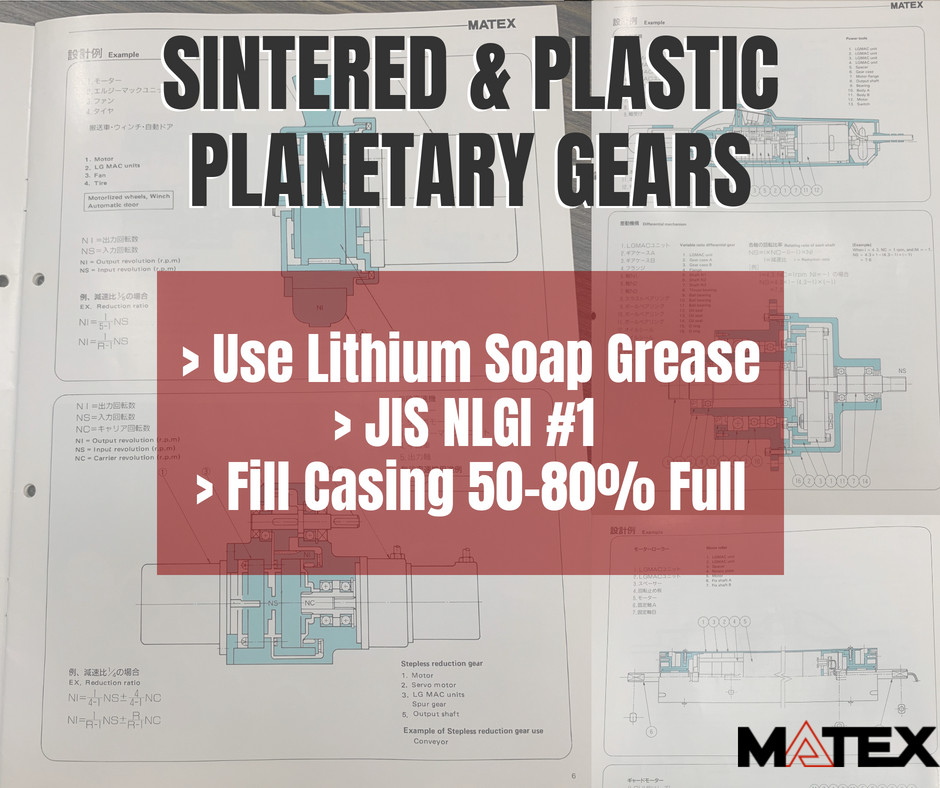 Matex Sintered-Metal Planetary Gears and Plastic Planetary Gears use Lithium Soap Grease JIS NLGI #1 for Lubrication