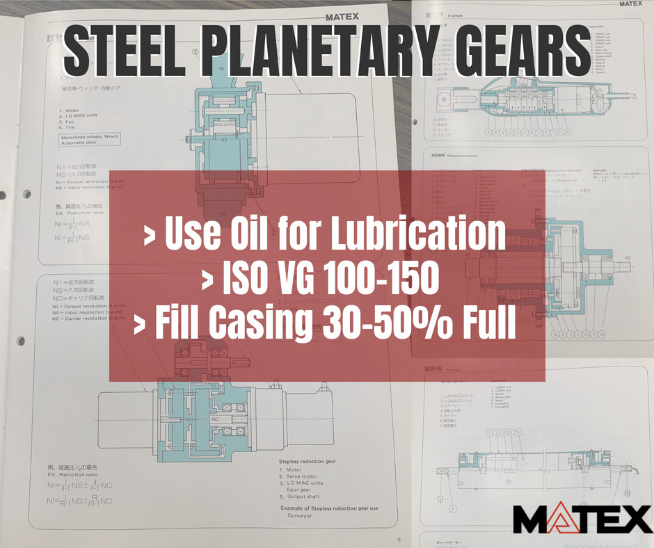 Matex Steel Planetary Gears are Lubricated with Oil, ISO VG 100-150